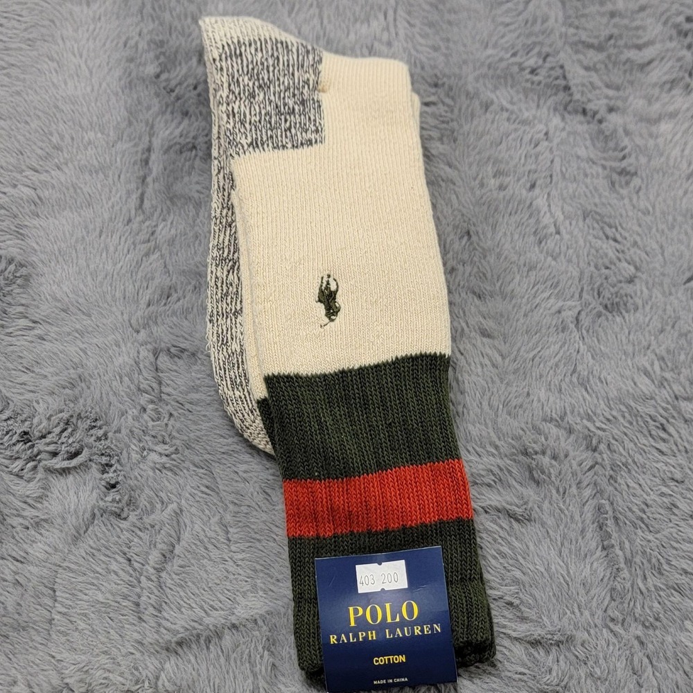 Polo Ralph Lauren Socks Mens 10-13 Cream Green Stripe Cuff Pony Thermal Crew